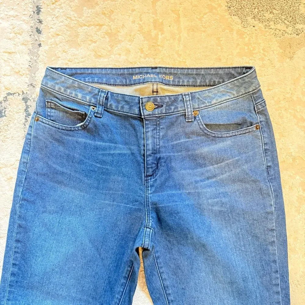 Michael Kors Izzy Skinny Ankle Jeans in Medium Blue Wash Raw Hem Split Cuff Sz 8